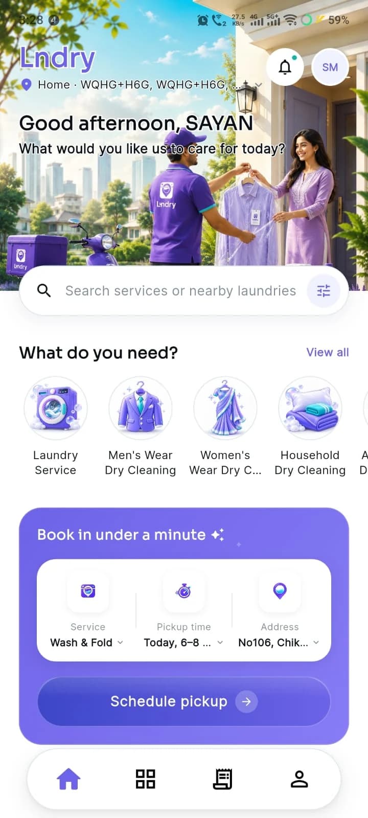 LNDRY customer app home with laundry service categories and the schedule pickup card