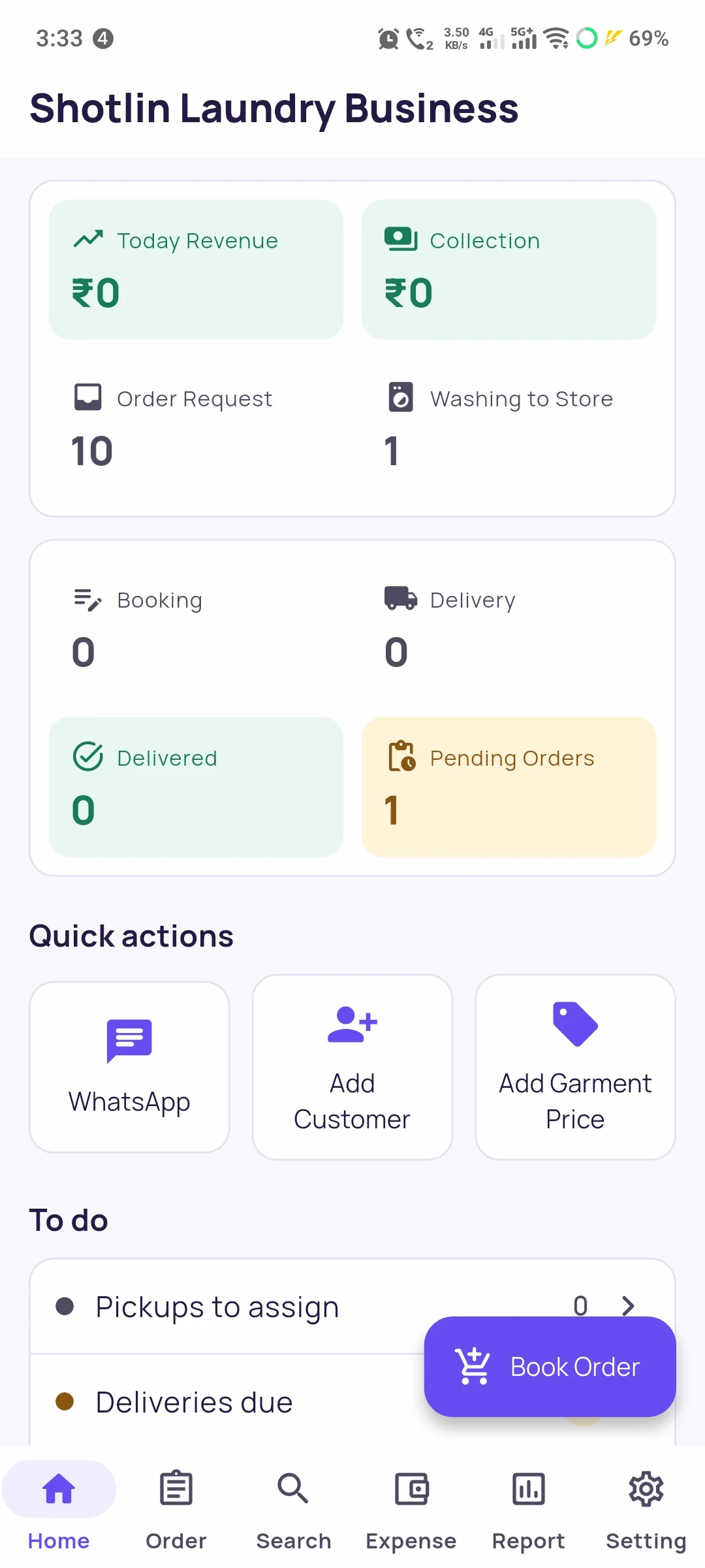 LNDRY POS mobile store overview showing revenue, collections, orders and quick actions