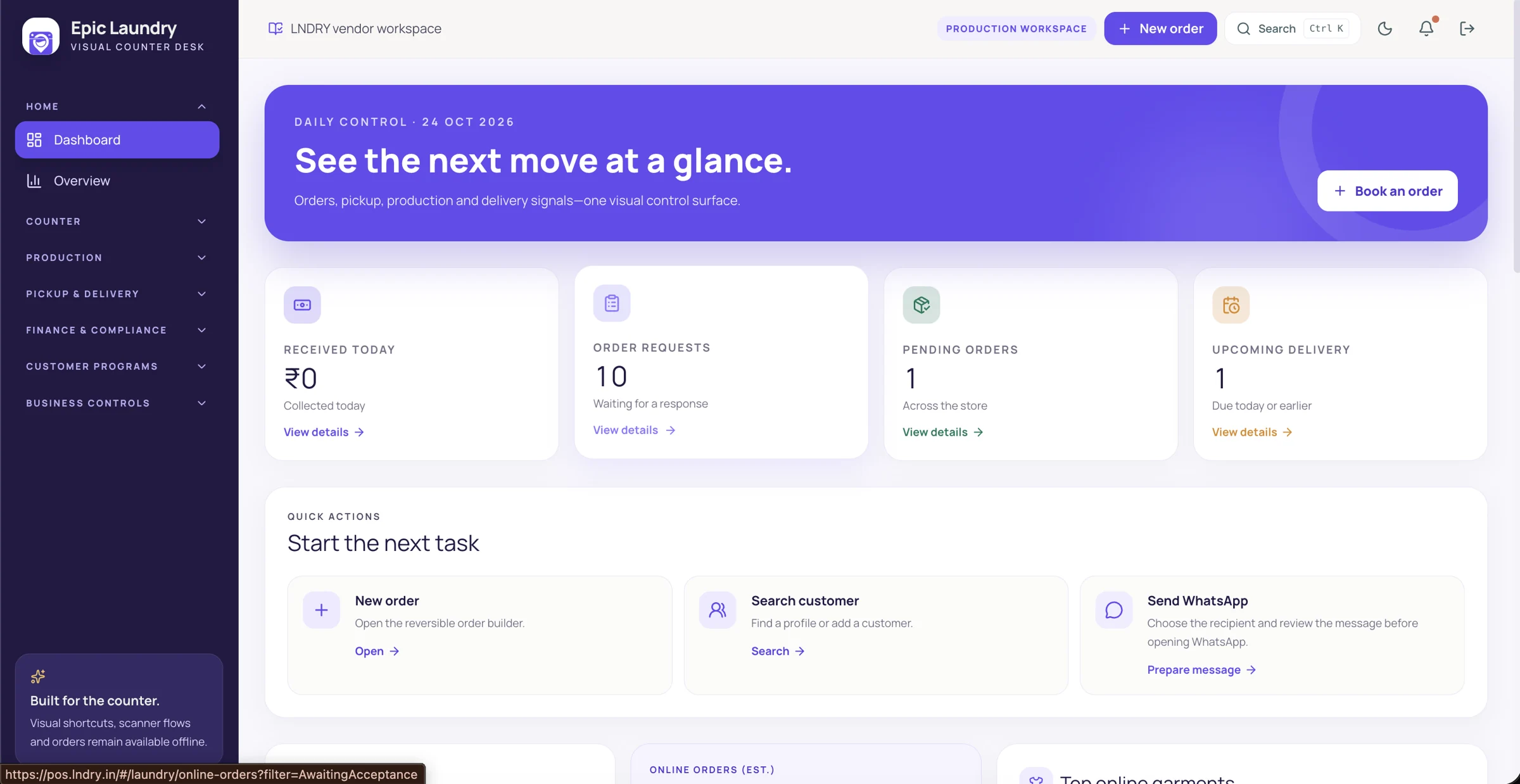 LNDRY POS desktop dashboard showing order requests, pending orders, delivery signals and counter actions