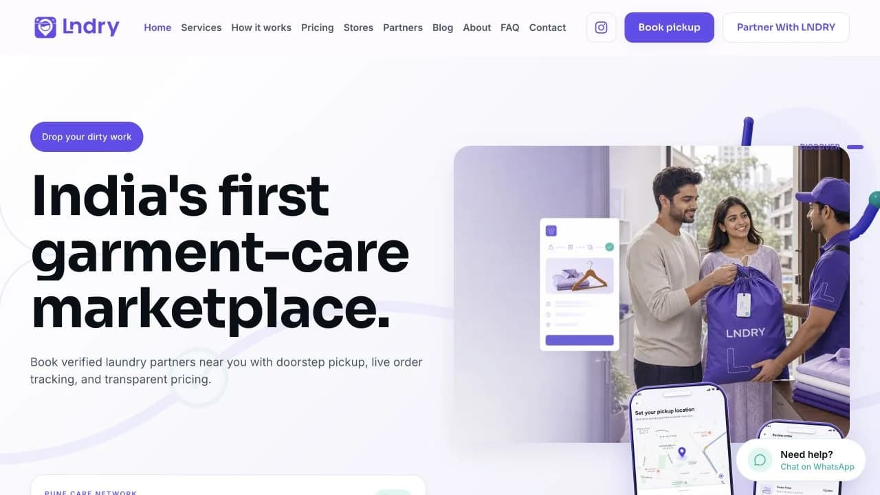 LNDRY public website homepage showing the garment care marketplace and doorstep handover imagery