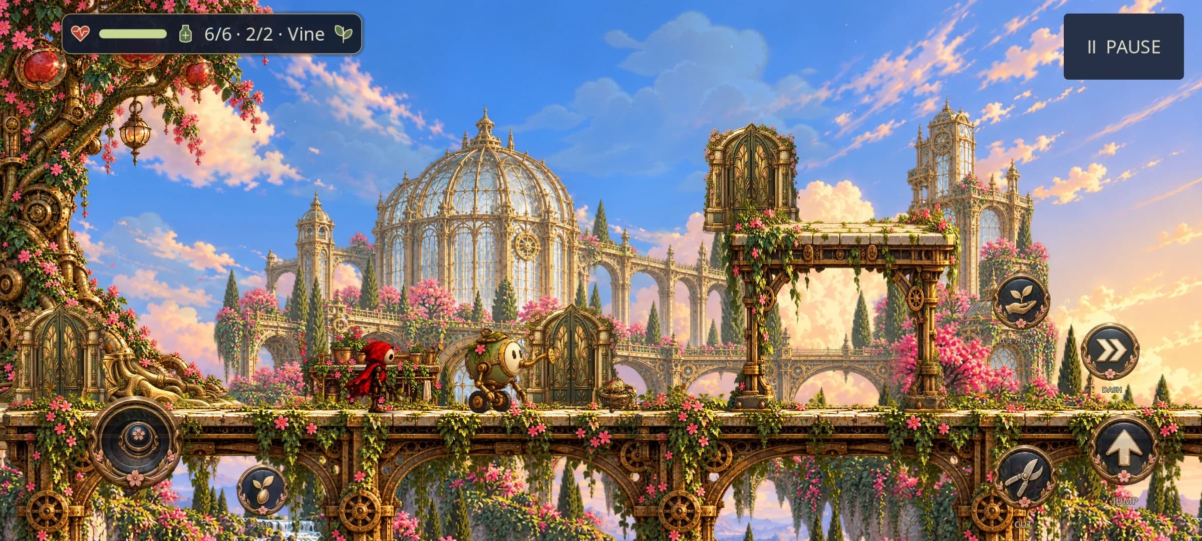 Rustbloom mobile platformer gameplay in a flowering clockwork garden with touch movement, jump, dash and action controls