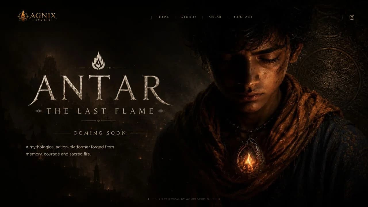 Official ANTAR — The Last Flame coming-soon announcement on the Agnix Studio website