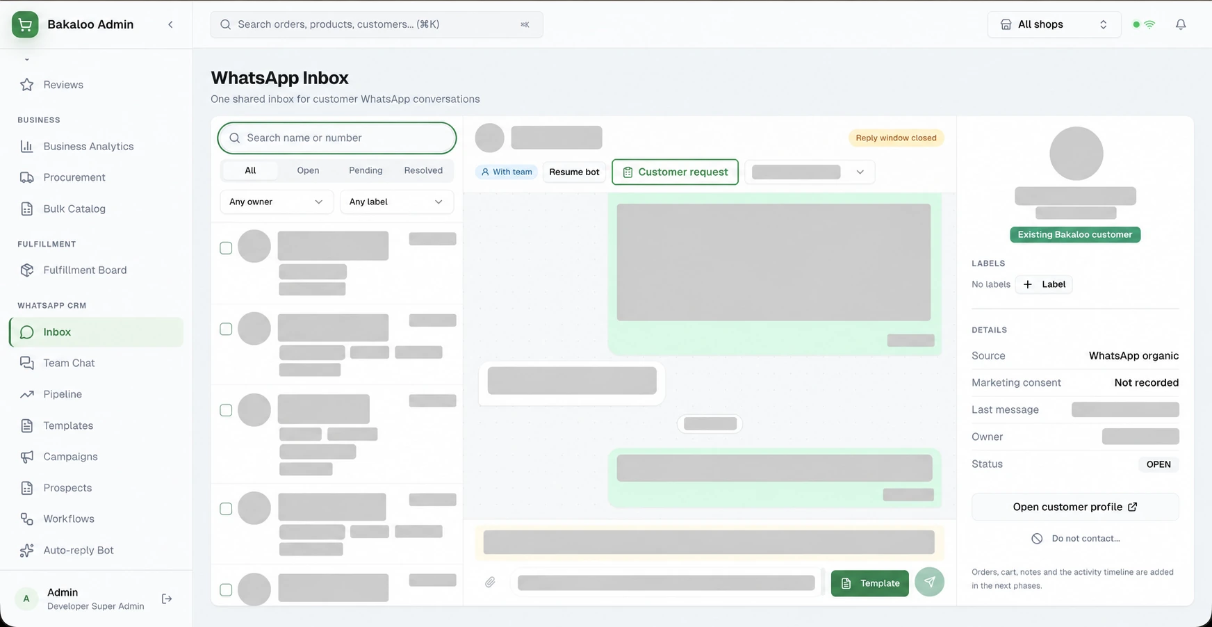 Bakaloo WhatsApp CRM shared customer inbox