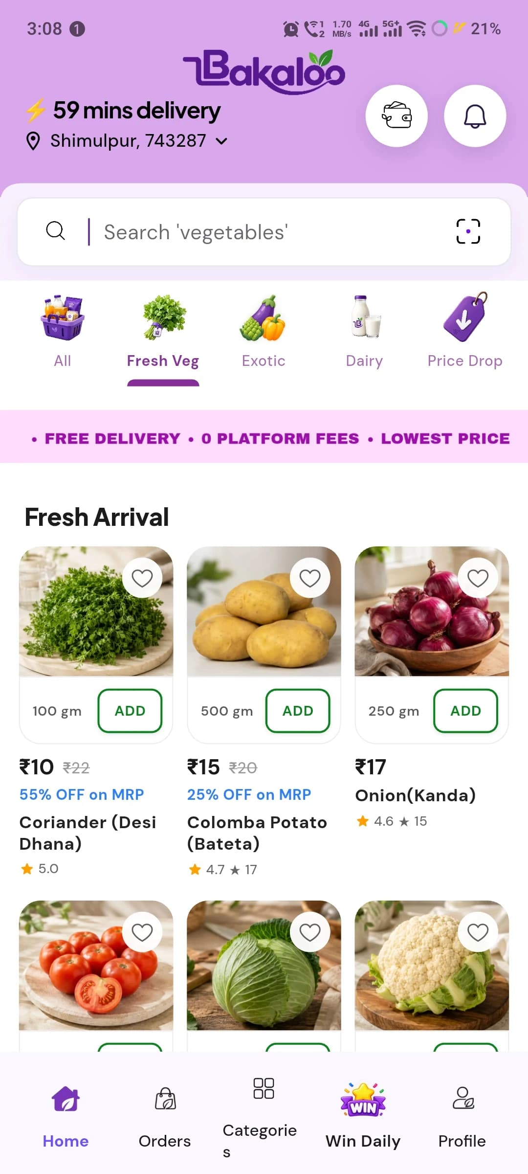 Bakaloo grocery app showing its purple logo, local delivery, vegetable categories, fresh arrivals, prices and wallet access