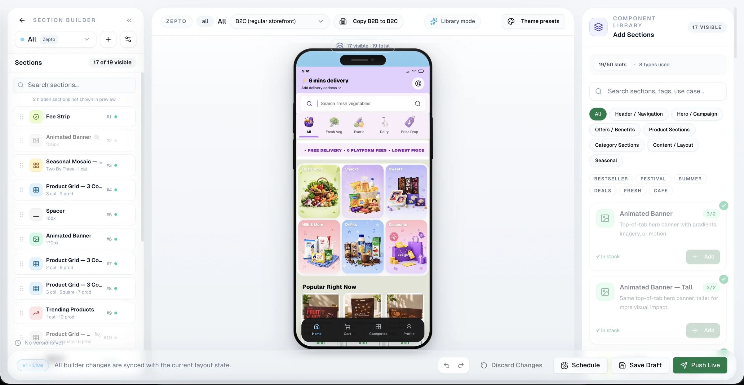 Bakaloo visual storefront section builder with a component library, live phone preview and B2B and B2C controls