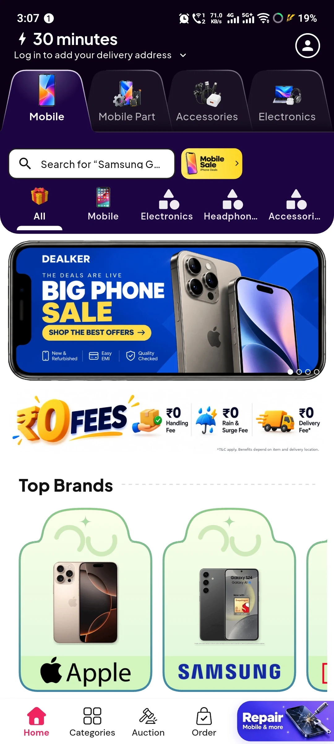 Dealker mobile marketplace with phone categories, electronics offers, Apple and Samsung brand discovery, auctions and repair navigation