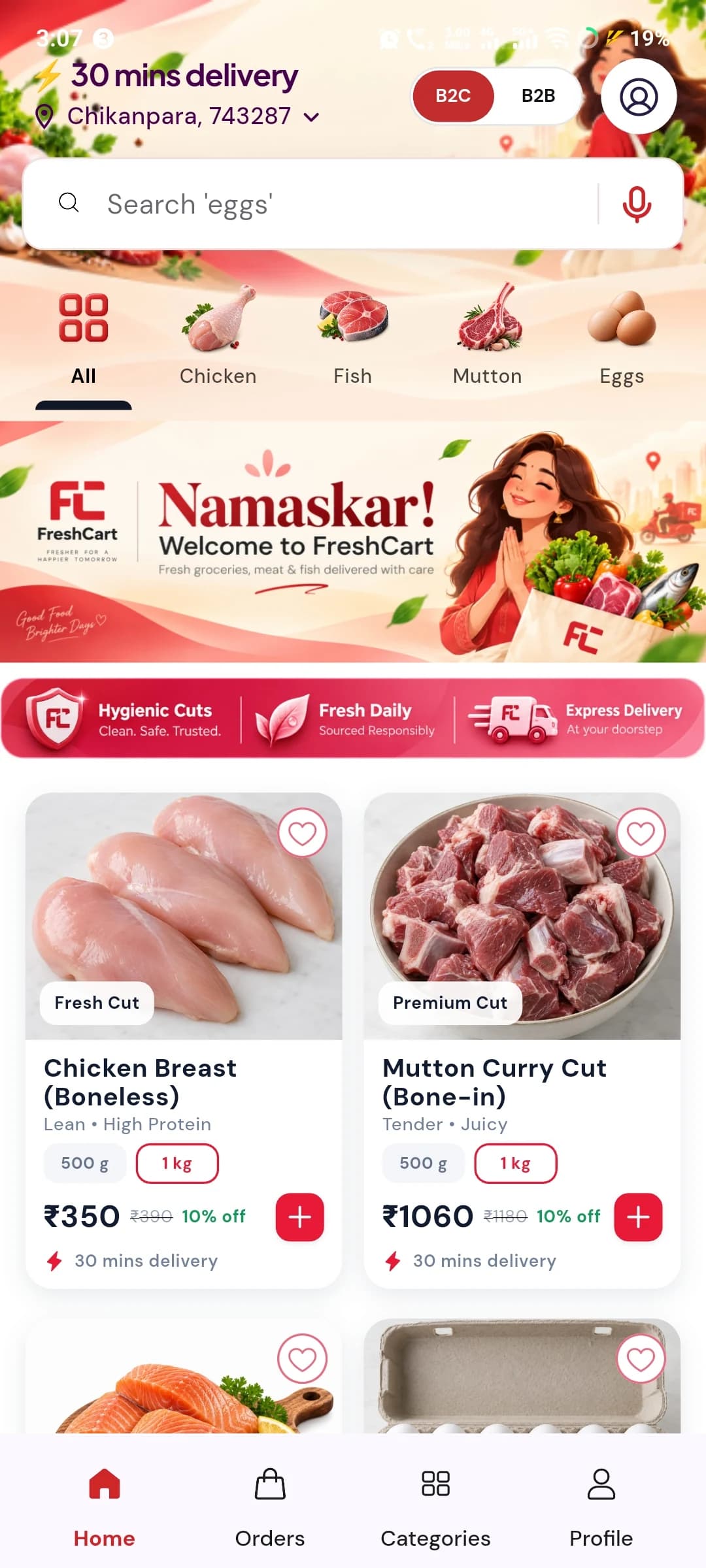 FreshCart customer app showing delivery location, meat and grocery categories, product prices and shopping navigation