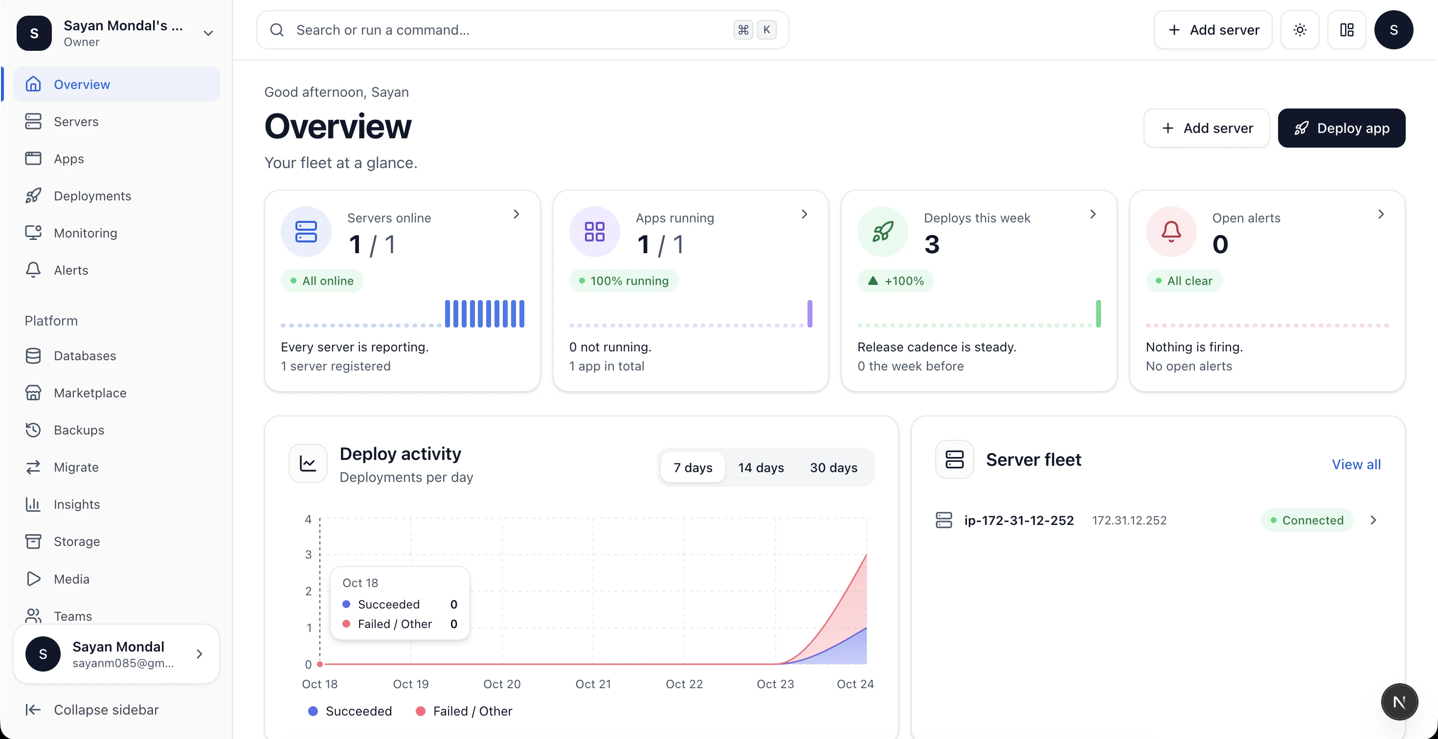 Opslin deployment platform overview showing online servers, running apps, deploy activity, alerts and server fleet