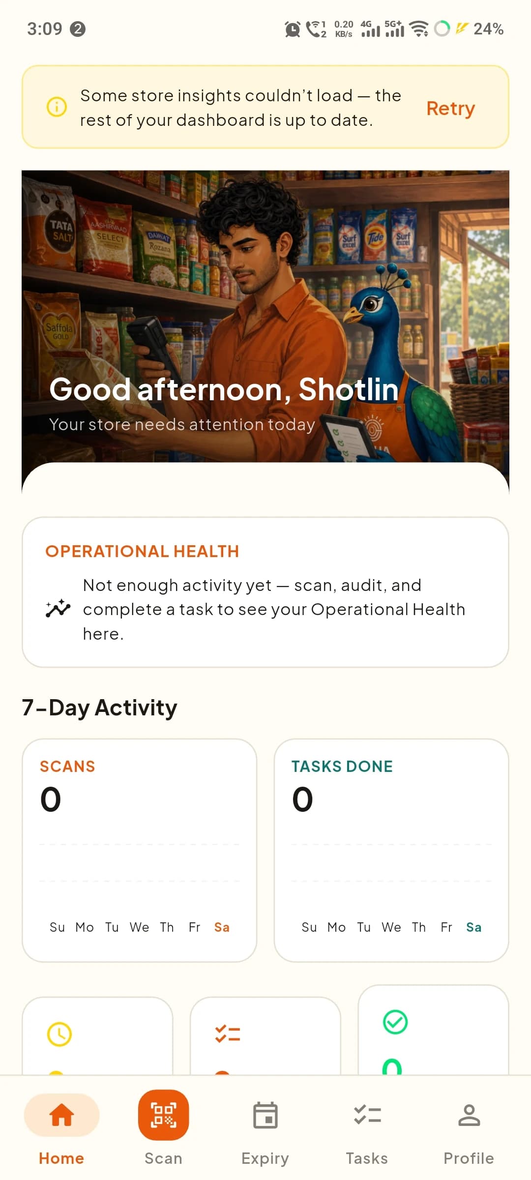 Radha store management app with an operational health overview, seven-day scans and tasks activity, expiry management and scanning navigation